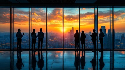 Silhouetted Businesspeople Watching City Sunset