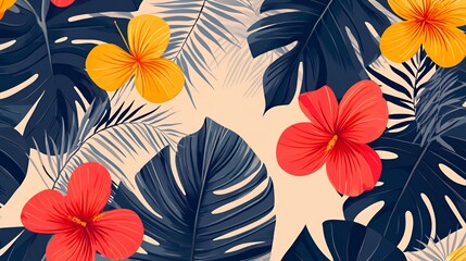 Vibrant Tropical Floral Pattern With Monstera Leaves