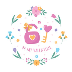 A romantic Valentines Day card with a lock keys flowers and tulips