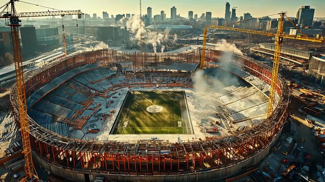 A large sports stadium is under construction in an urban environment, featuring cranes, scaffolding, and construction materials scattered around. The view captures the active development stage.
