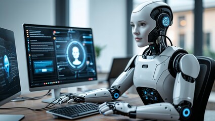 A futuristic 3D render of a sleek black cyborg astronaut using a laptop in space