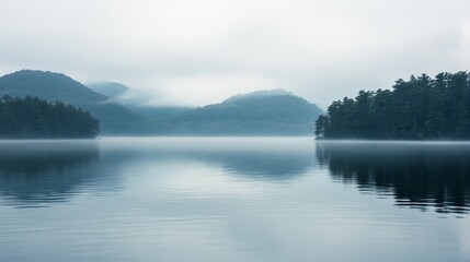 A serene lake landscape shrouded in mist, reflecting mountains and trees.