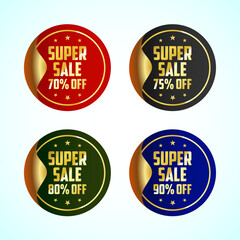 Super sale tag sticker set. Shopping discount label with 70, 75, 80, and 90 percent off, discount tag, sale symbol