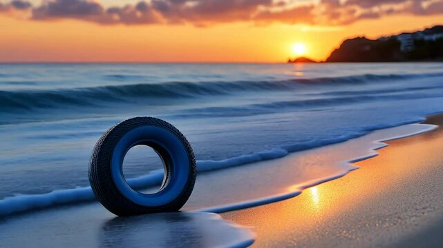 Tire resting on the beach at sunset with waves gently rolling in and colorful clouds overhead