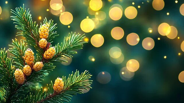 Festive conifer branch adorned with pine cones and glowing lights during the holiday season