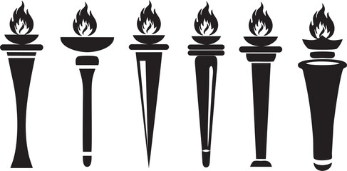 Fire torch flame icons set. Classical Olympic games sign as symbol of Victory, success or achievement. Burning flame torches in high quality for poster, banner or flyer designing.