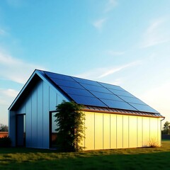solar panels on the roof of a new metal shed sunny blue sky 