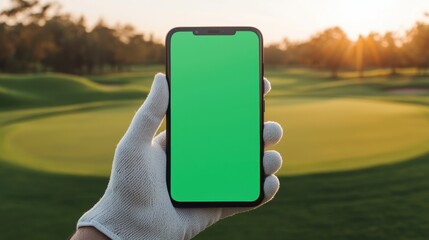 Hand Holding Smartphone with Green Screen on Golf Course Background