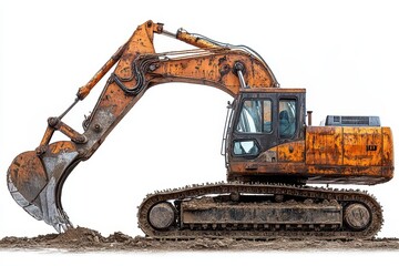 excavator working diligently against a pristine white background emphasizing the machinerys robust form and function showcasing industrial strength and engineering design