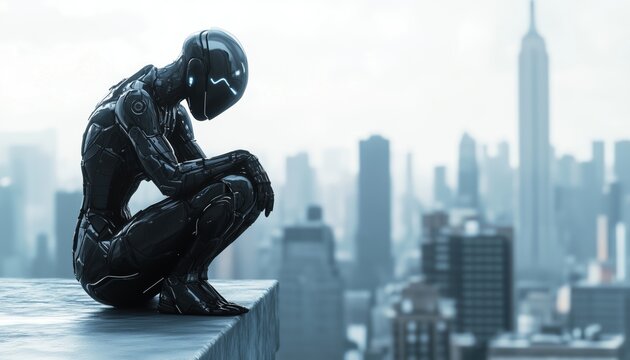 Futuristic Cyborg Woman Squatting On Rooftop Edge In Black Armor Suit, Gazing Down At Cityscape In Science Fiction Scene. Illustration On White Background.