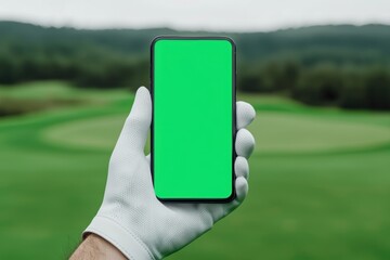 Hand Holding Smartphone on Golf Course with Blank Screen Display