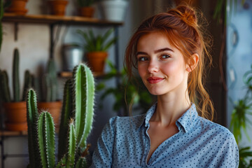 A woman standing in front of a cactus plant