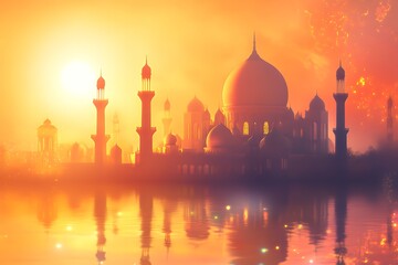 Majestic Mosque Silhouette at Sunset Reflecting in Water