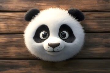 A cute, cartoon-style panda face with large eyes against a wooden background.