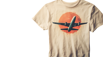 A graphic t-shirt featuring an airplane silhouette against a sunset background.