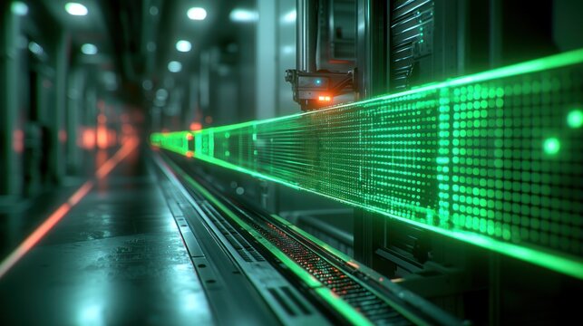 Data stream transfer in server room with digital lights.