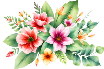 A vibrant floral arrangement featuring pink and white hibiscus flowers with lush green leaves on a white background. Greeting or wedding card decoration.