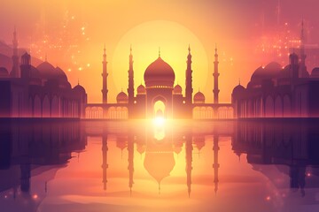 Fototapeta premium Majestic Mosque Silhouette at Sunset Reflecting in Water