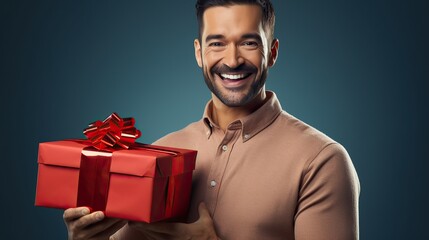 Portrait of a man laughing happily while holding a red gift boxPortrait of man laughing happily while holding gift box