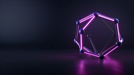 A geometric 3D abstract wallpaper with interconnected metallic polygons, glowing edges in cyan and magenta, a dark gradient background creating focus on the shapes, a sleek and modern style