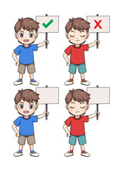 cartoon child holding red cross and checkmark sign negative positive aproval disapproval