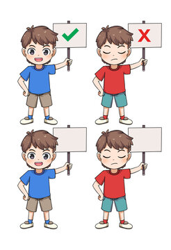 cartoon child holding red cross and checkmark sign negative positive aproval disapproval