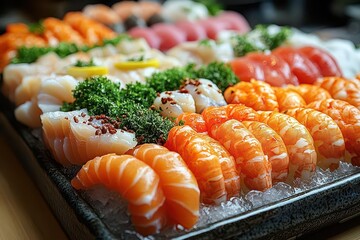 exquisite seafood platter showcased on a bed of ice glistening fresh with vibrant colors each delicacy perfectly arranged for a luxurious dining experience evoking indulgence and elegance