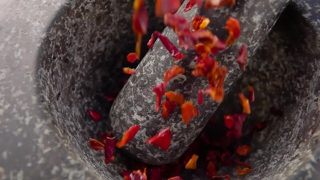 Close-up of red smoked tomato falling into the stone mortar in slow motion. High quality 4k footage