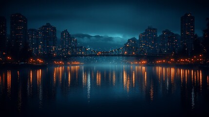 Obraz premium Cityscape at Night Featuring a Bridge and City Lights Reflecting on Water