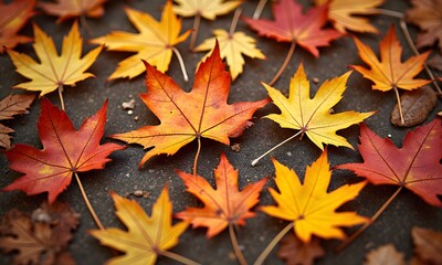 Autumn leaves in red, yellow, and orange fall on the ground, Generative Ai
