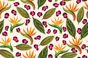 Abstract tropical floral seamless pattern and leopard pattern suitable for fabric, background, motif, wallpaper, etc. © B_1_3