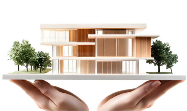 A hand-held architectural model showcasing a modern building design.