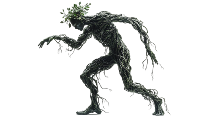 A humanoid figure made of roots and branches, symbolizing nature and growth.