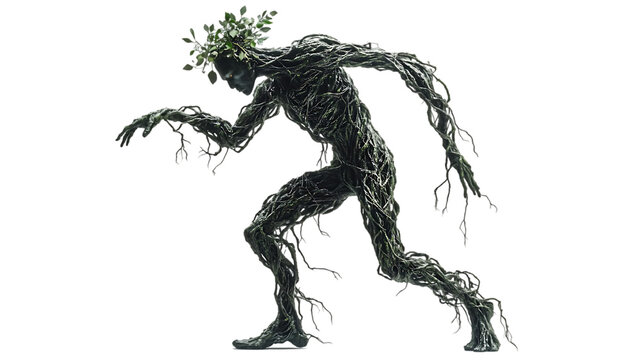 A humanoid figure made of roots and branches, symbolizing nature and growth.