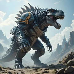 A futuristic dinosaurus monster wearing armor