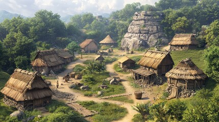 Ancient Stone Age Village: Vibrant Community Life in Ultra-Detailed Photorealistic Scene