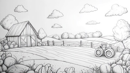 Fototapeta premium A Sketch Of A Farm Scene With Tractor And Barn