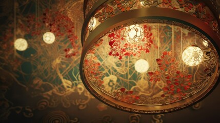 Intricate Golden Chandelier with Red Floral Design Illuminating a Teal Ceiling Mural