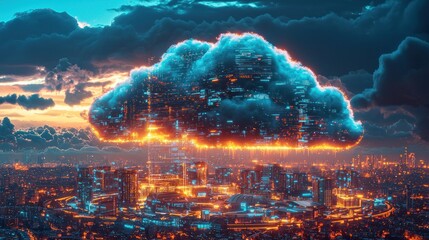 Digital cloud over cityscape at sunset, data transfer concept.