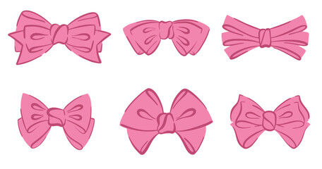 Hair ribbon bows vector illustration. Cute pink tie with knot for present decoration. Cartoon simple girly drawing of satin romantic accessories on white background.