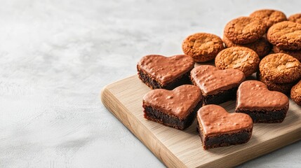 Valentine Food Concept, Heart-Shaped Brown Dessert Treats Arranged on Wooden Board with Cookies for Creative Dessert Display