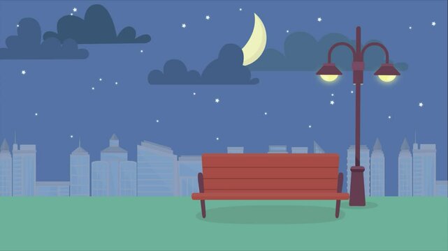 A peaceful night cityscape featuring a solitary bench under a glowing streetlight, perfect for capturing the serene ambiance of quiet urban evenings with hints of romance 