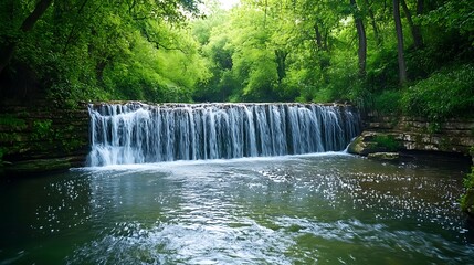 Serene waterfall cascading into a calm river pool, surrounded by lush green forest.