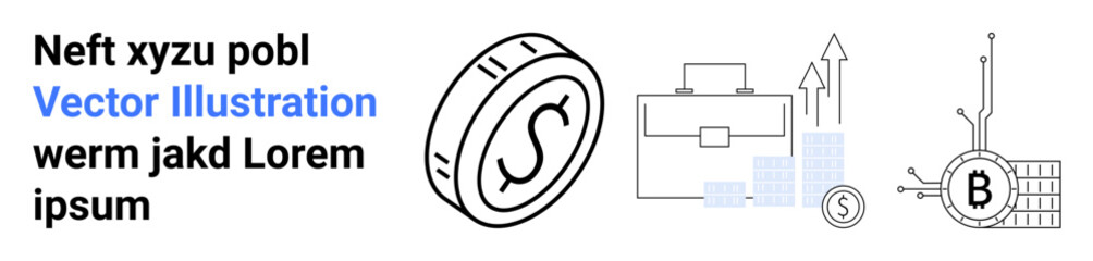 Coin with swoosh, briefcase, bar chart, arrow graph, Bitcoin symbol, blue color accent. Ideal for finance, investment guides, tech blogs, economic reports, startup presentations, educational