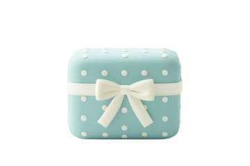 A light blue gift box with white polka dots and a ribbon, ideal for celebrations.