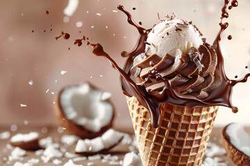 Delicious Ice Cream Cone with Chocolate and Vanilla Swirl, Topped with Colorful Sprinkles for a Sweet Frozen Treat
