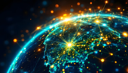 Obraz premium Global Network, Connected World Technology, World Connectivity, Data Network Visualization, Global Communication, Digital Earth Network