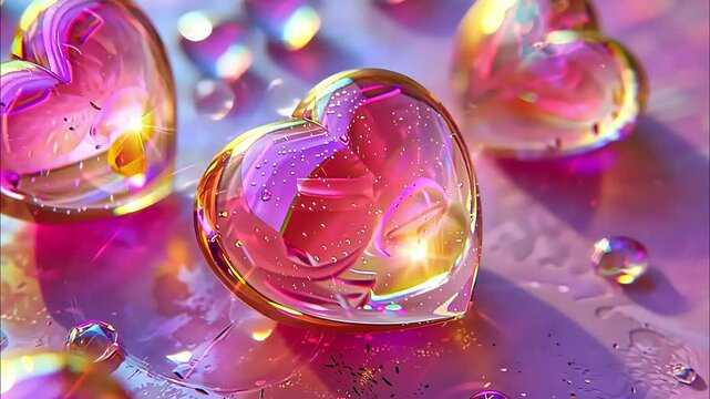 3D iridescent glass hearts inflating and floating on a reflective surface. slow motion