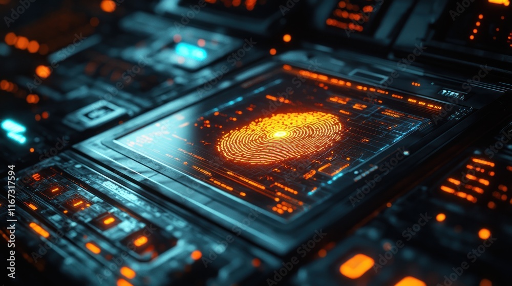 Poster futuristic interface displaying glowing fingerprint pattern