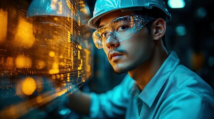 Engineer monitors futuristic server panel in data center.